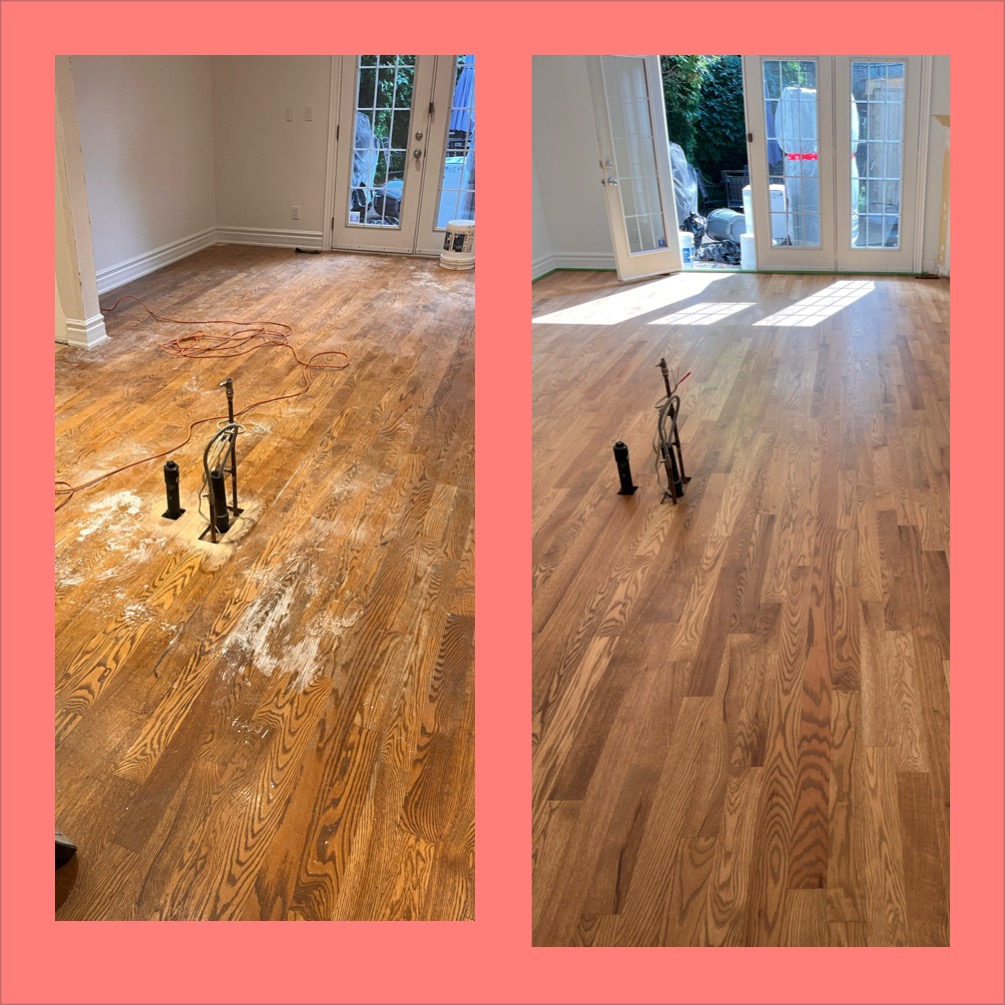 Before and after hardwood floor refinishing in a Toronto home