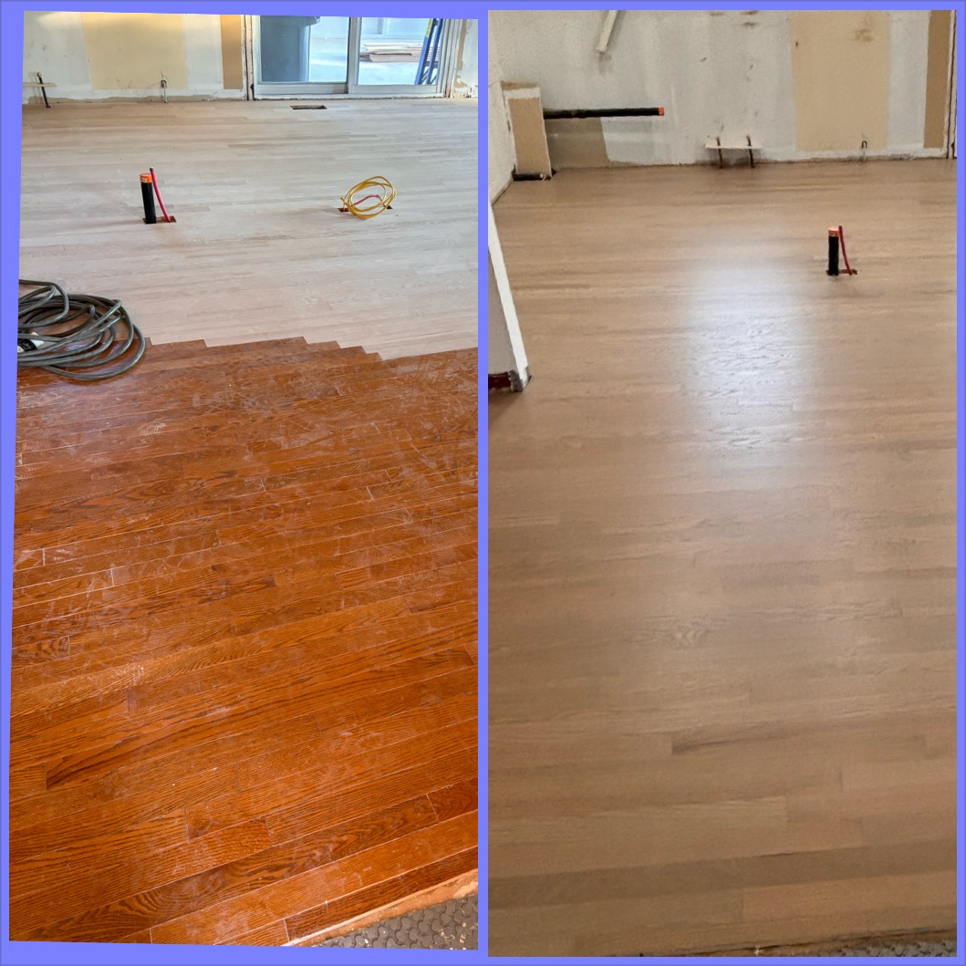 Before and after hardwood floor transformation