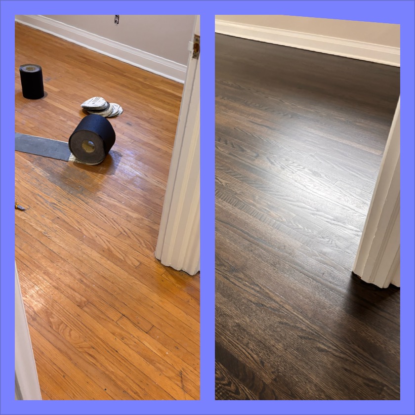 Dark stained hardwood floor after refinishing